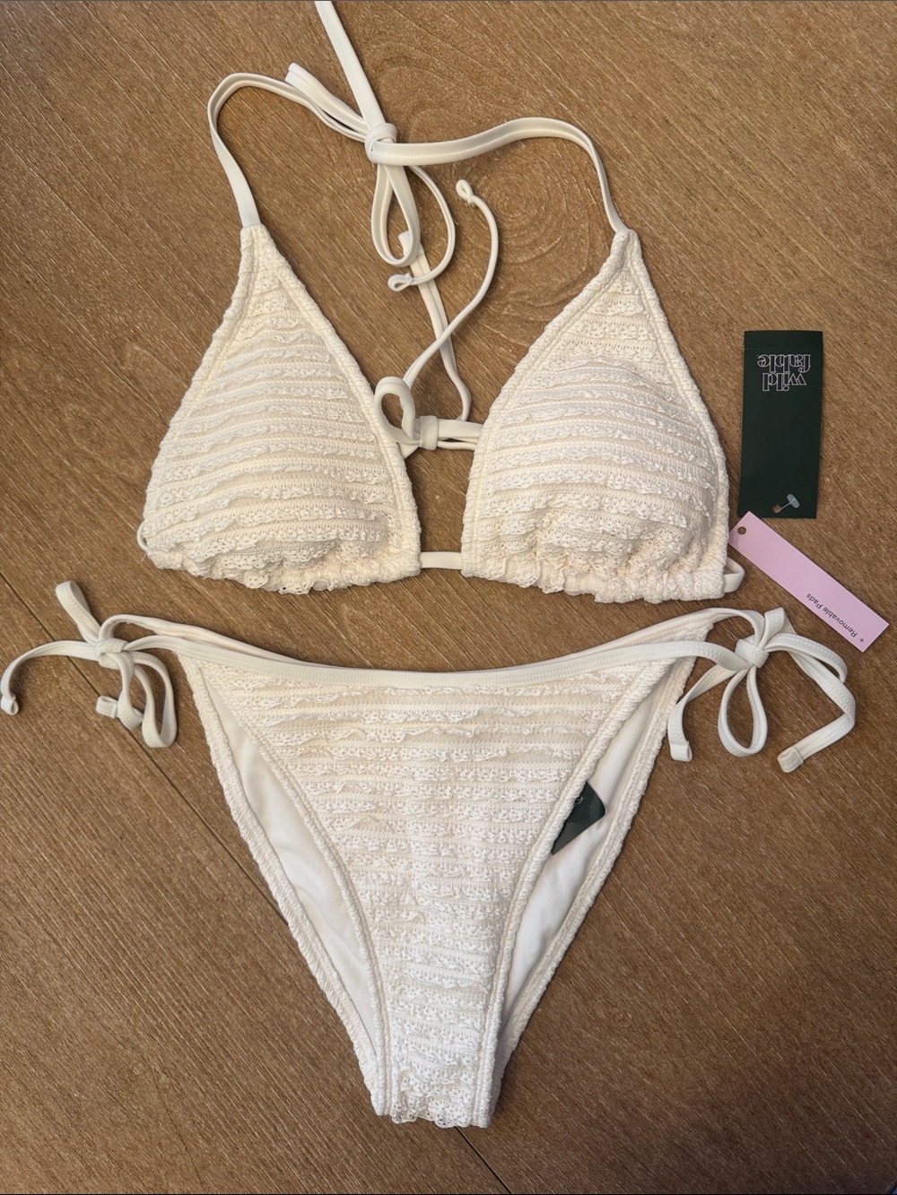 Ivory Textured Tie-Side Triangle Bikini Set